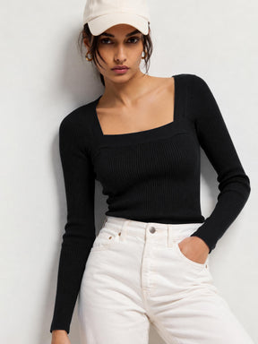 Black Rib Square Neck Full Sleeves Sweater-SASSAFRAS