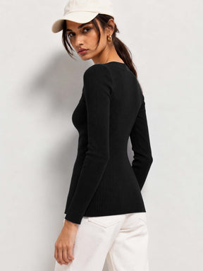Black Rib Square Neck Full Sleeves Sweater-SASSAFRAS
