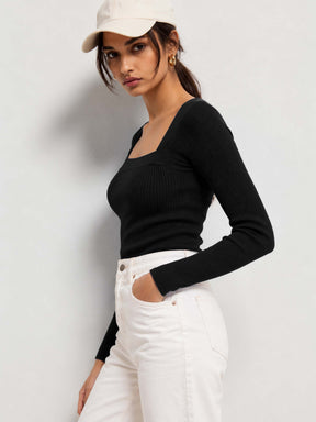 Black Rib Square Neck Full Sleeves Sweater-SASSAFRAS