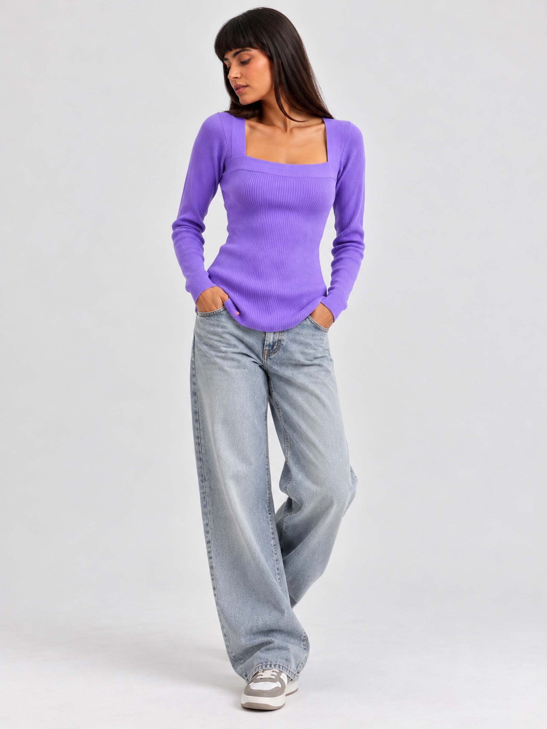 Lavender Rib Square Neck Full Sleeves Sweater-SASSAFRAS