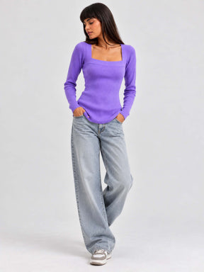 Lavender Rib Square Neck Full Sleeves Sweater-SASSAFRAS