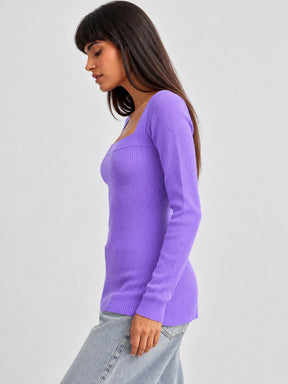 Lavender Rib Square Neck Full Sleeves Sweater-SASSAFRAS