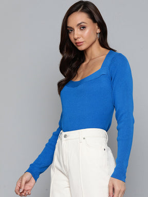 Women Blue Rib Square Neck Full Sleeves Sweater