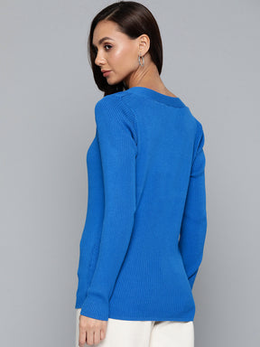 Women Blue Rib Square Neck Full Sleeves Sweater