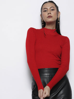 Red Rib High Neck Full Sleeves Sweater-SASSAFRAS