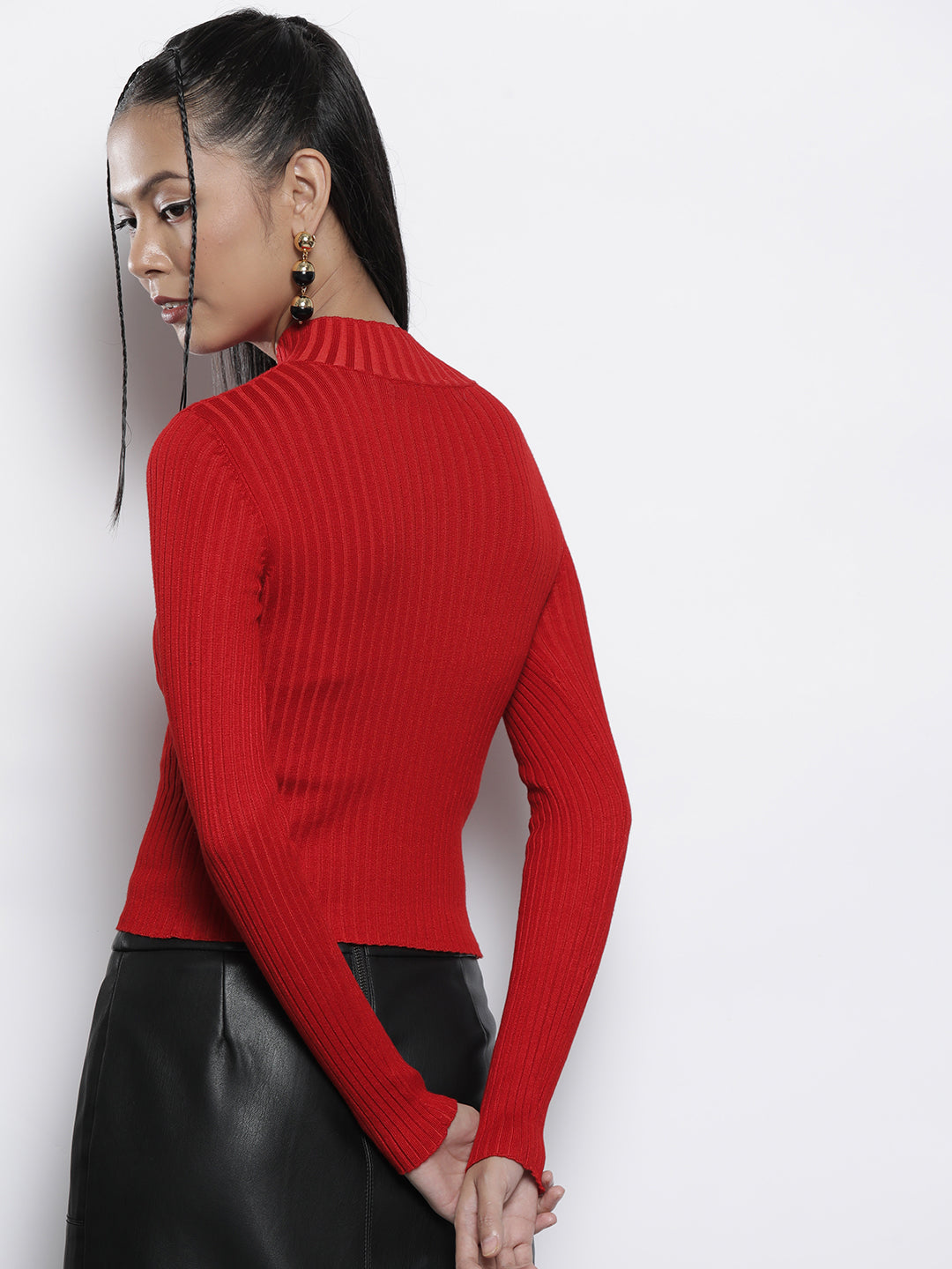 Red Rib High Neck Full Sleeves Sweater-SASSAFRAS