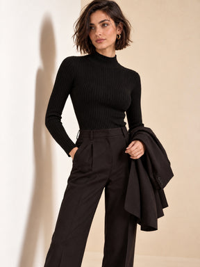 Black Rib High Neck Full Sleeves Sweater-SASSAFRAS