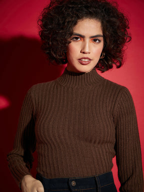 Brown Rib High Neck Full Sleeves Sweater-SASSAFRAS