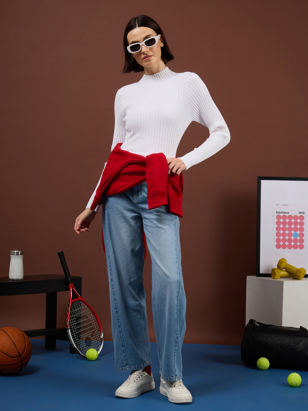 White Rib High Neck Full Sleeves Sweater-SASSAFRAS