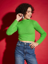 Green Rib High Neck Full Sleeves Sweater-SASSAFRAS