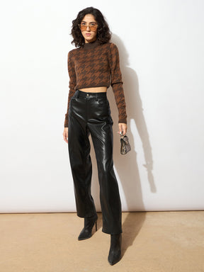 Brown & Dark Brown Houndstooth Crop Sweater-SASSAFRAS