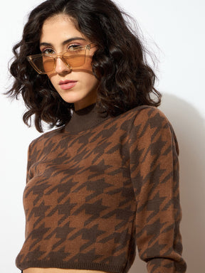 Brown & Dark Brown Houndstooth Crop Sweater-SASSAFRAS