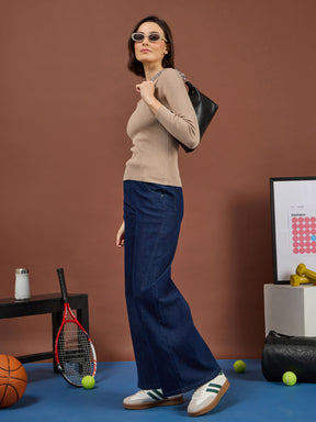 Biege Rib V-Neck Sweater-SASSAFRAS