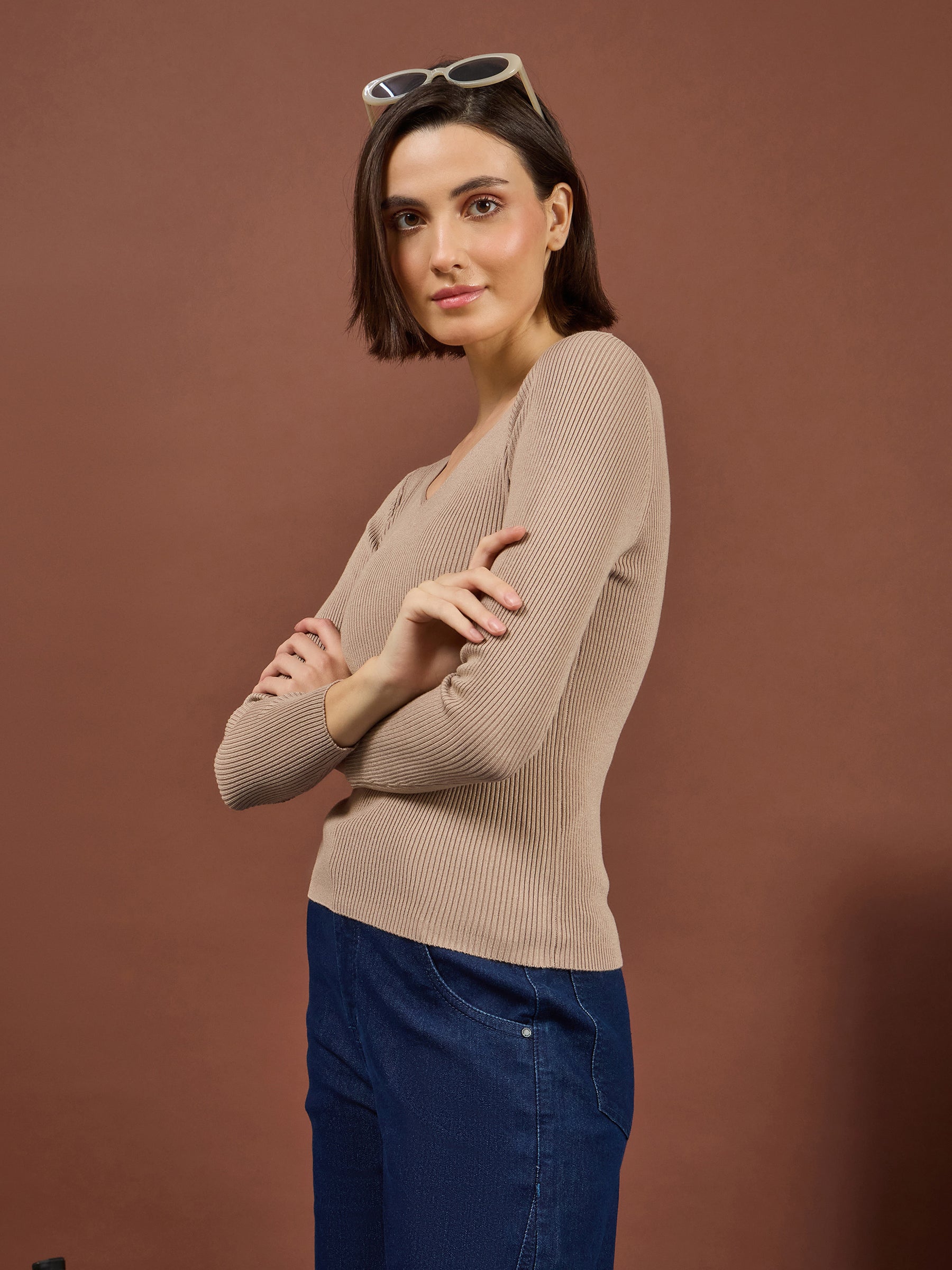 Biege Rib V-Neck Sweater-SASSAFRAS