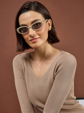 Biege Rib V-Neck Sweater-SASSAFRAS
