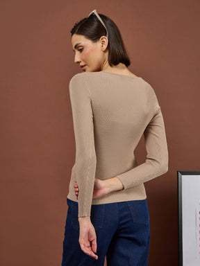 Biege Rib V-Neck Sweater-SASSAFRAS
