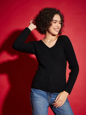 Black Rib V-Neck Sweater-SASSAFRAS