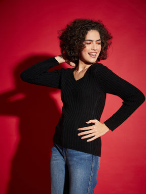 Black Rib V-Neck Sweater-SASSAFRAS