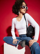 White Rib V-Neck Sweater-SASSAFRAS