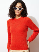 Orange Round Neck Hairy Fur Pullover Sweater-SASSAFRAS