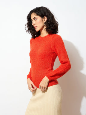 Orange Round Neck Hairy Fur Pullover Sweater-SASSAFRAS