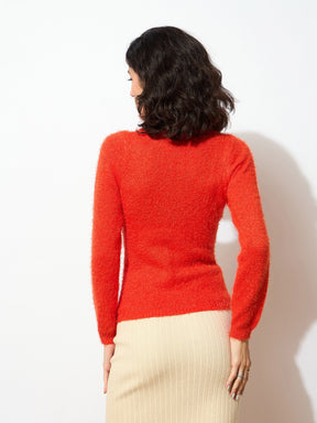 Orange Round Neck Hairy Fur Pullover Sweater-SASSAFRAS