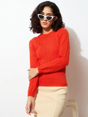 Orange Round Neck Hairy Fur Pullover Sweater-SASSAFRAS