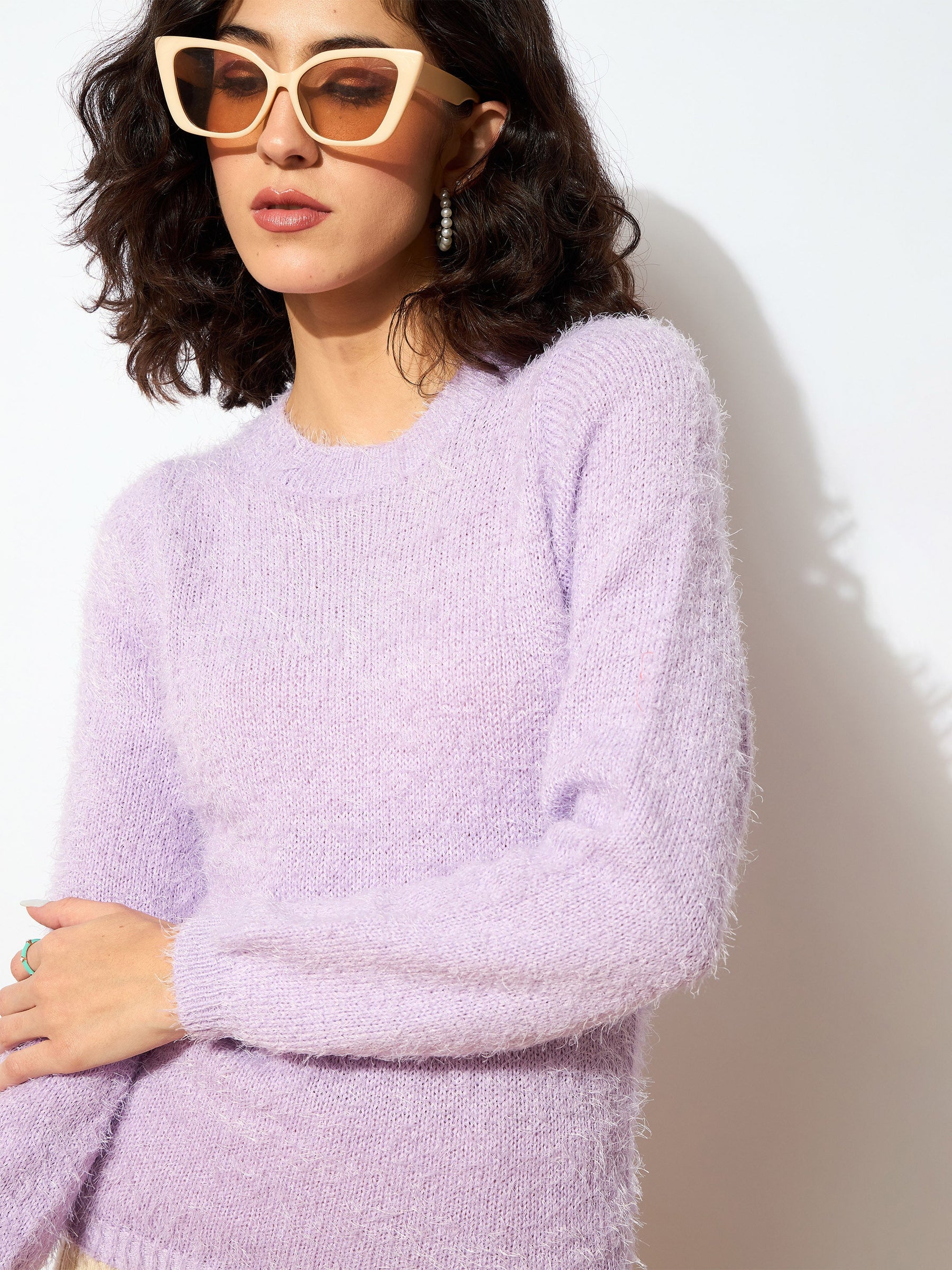 Purple Round Neck Hairy Fur Pullover Sweater-SASSAFRAS