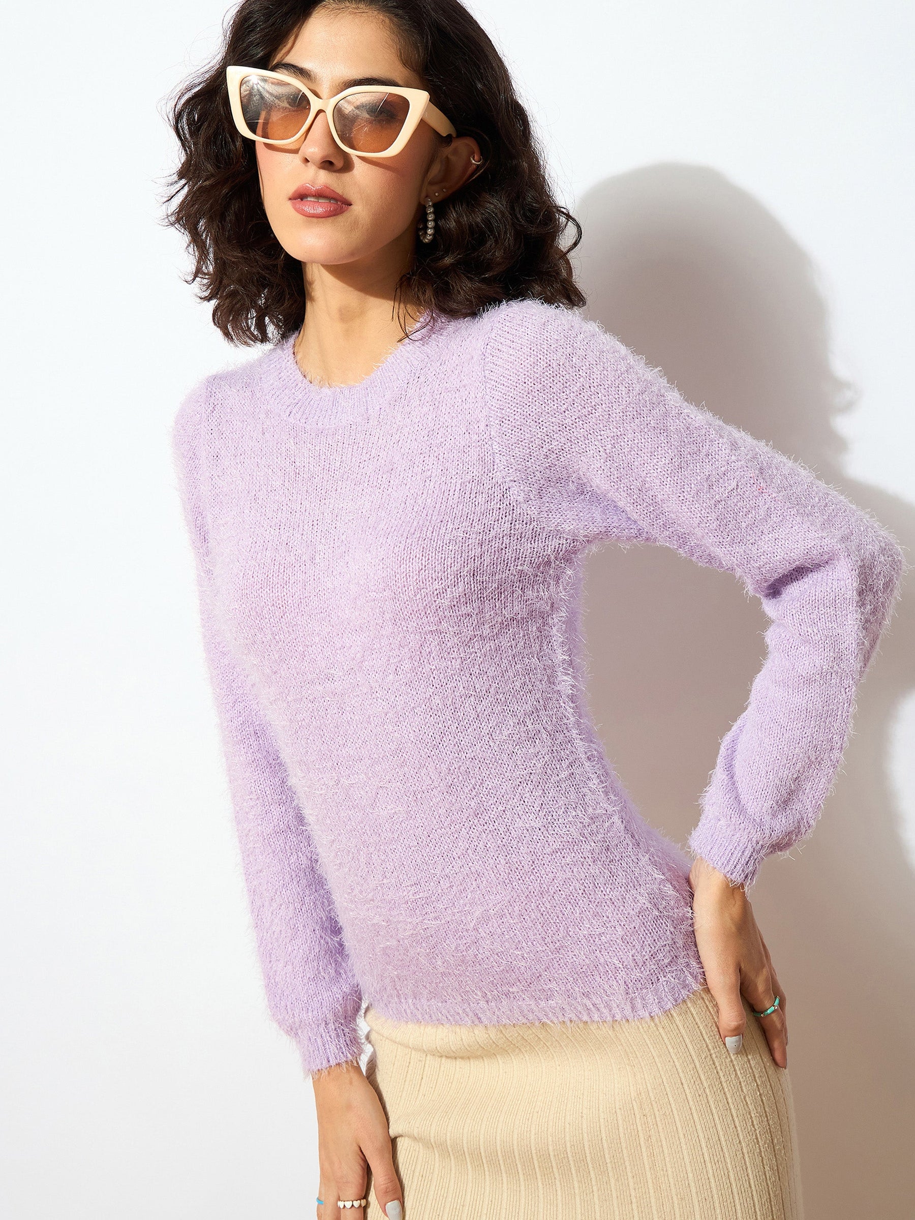 Purple Round Neck Hairy Fur Pullover Sweater-SASSAFRAS