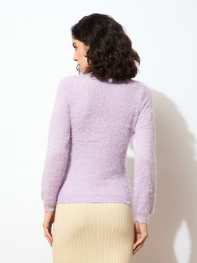 Purple Round Neck Hairy Fur Pullover Sweater-SASSAFRAS