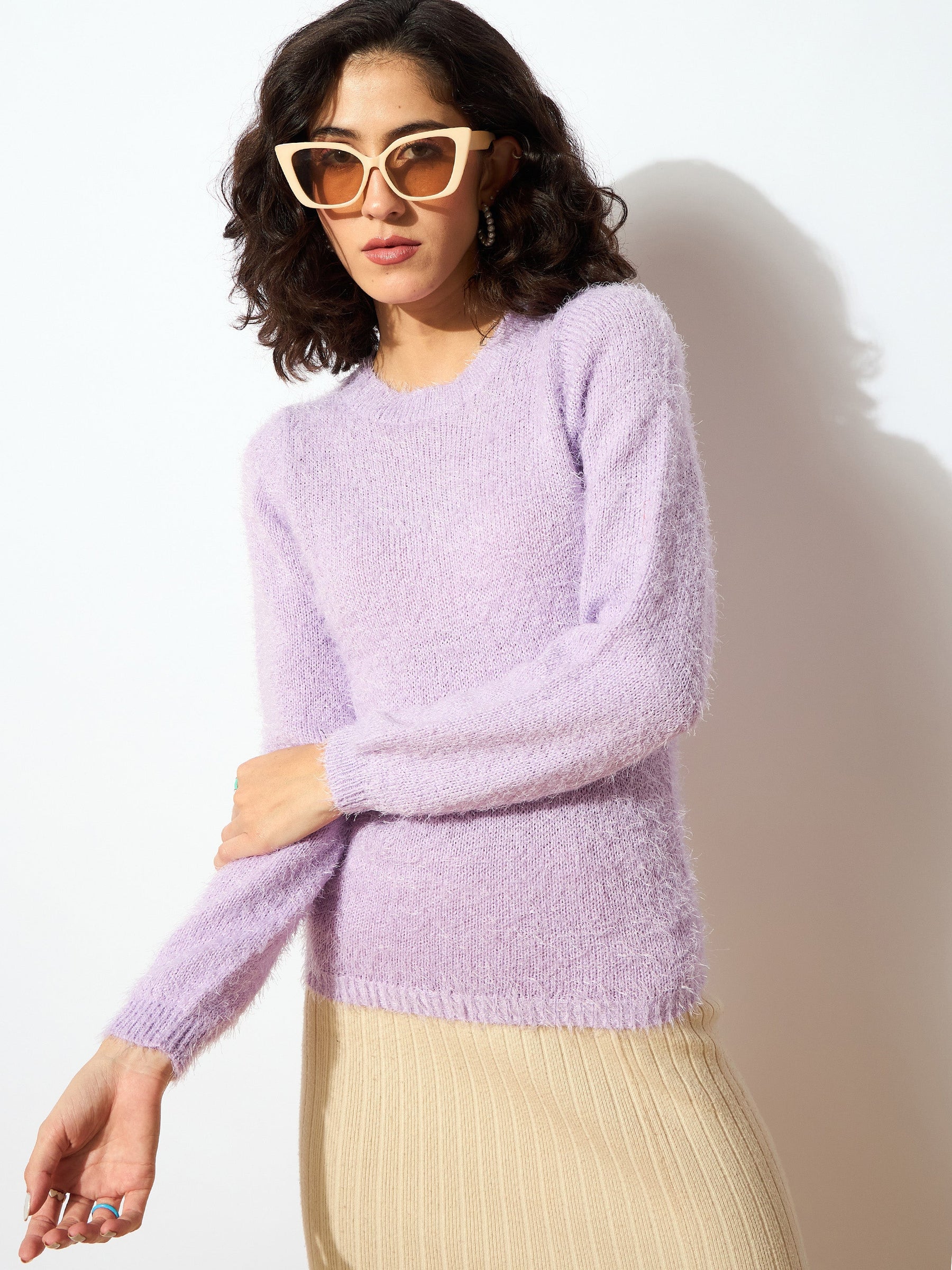 Purple Round Neck Hairy Fur Pullover Sweater-SASSAFRAS