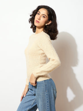 Beige Round Neck Hairy Fur Pullover Sweater-SASSAFRAS