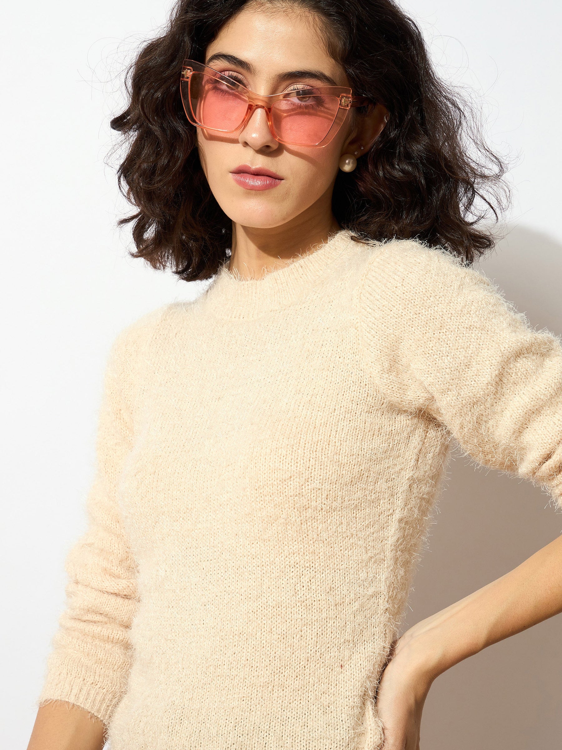 Beige Round Neck Hairy Fur Pullover Sweater-SASSAFRAS