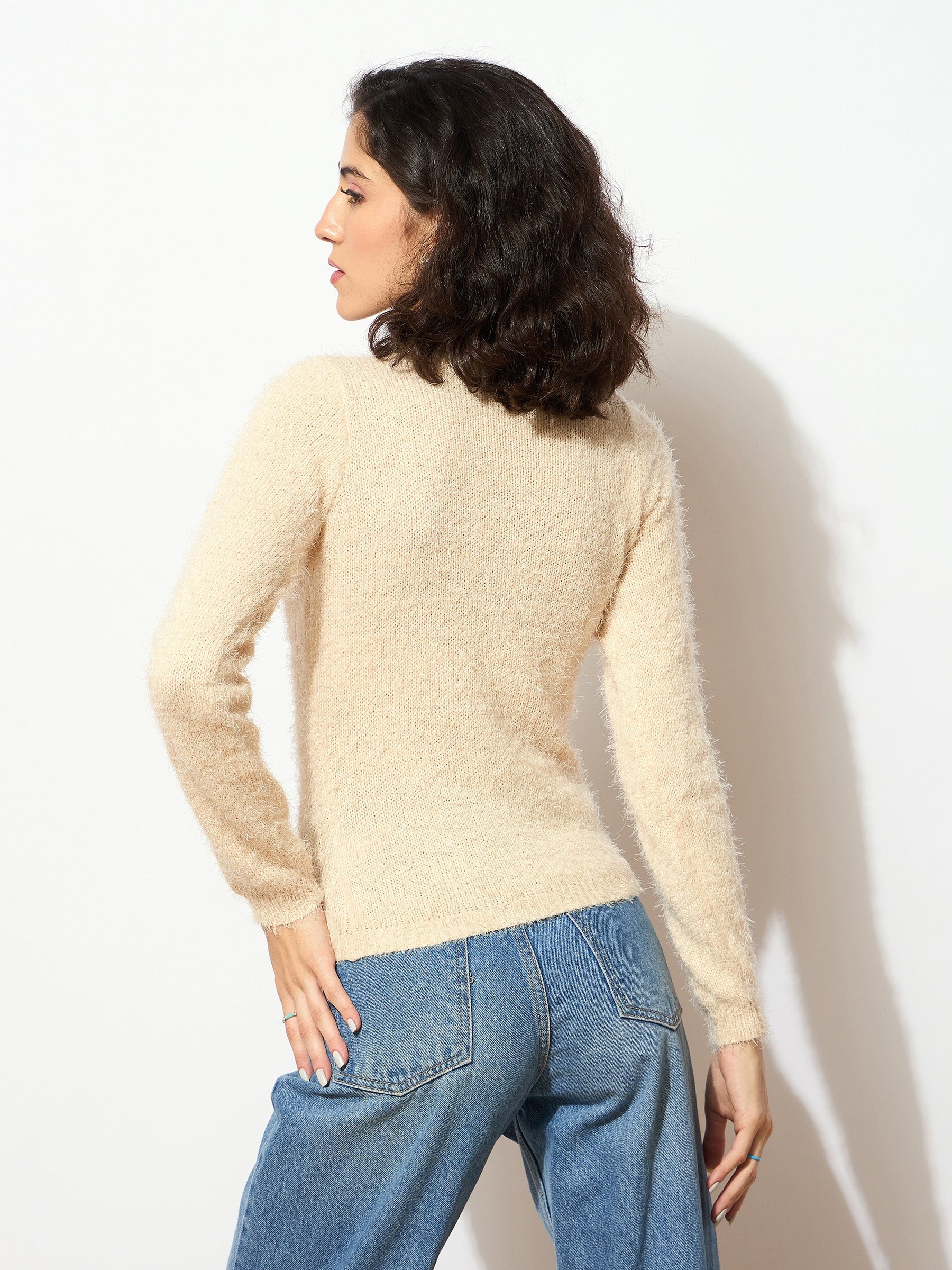 Beige Round Neck Hairy Fur Pullover Sweater-SASSAFRAS