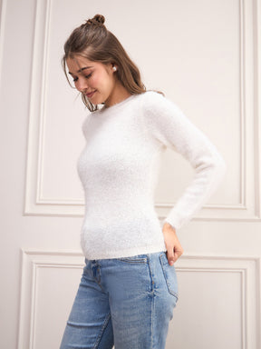 White Round Neck Hairy Fur Pullover Sweater-SASSAFRAS