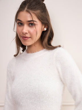 White Round Neck Hairy Fur Pullover Sweater-SASSAFRAS