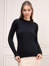 Black Rib Full Sleeves High Neck Sweater-SASSAFRAS