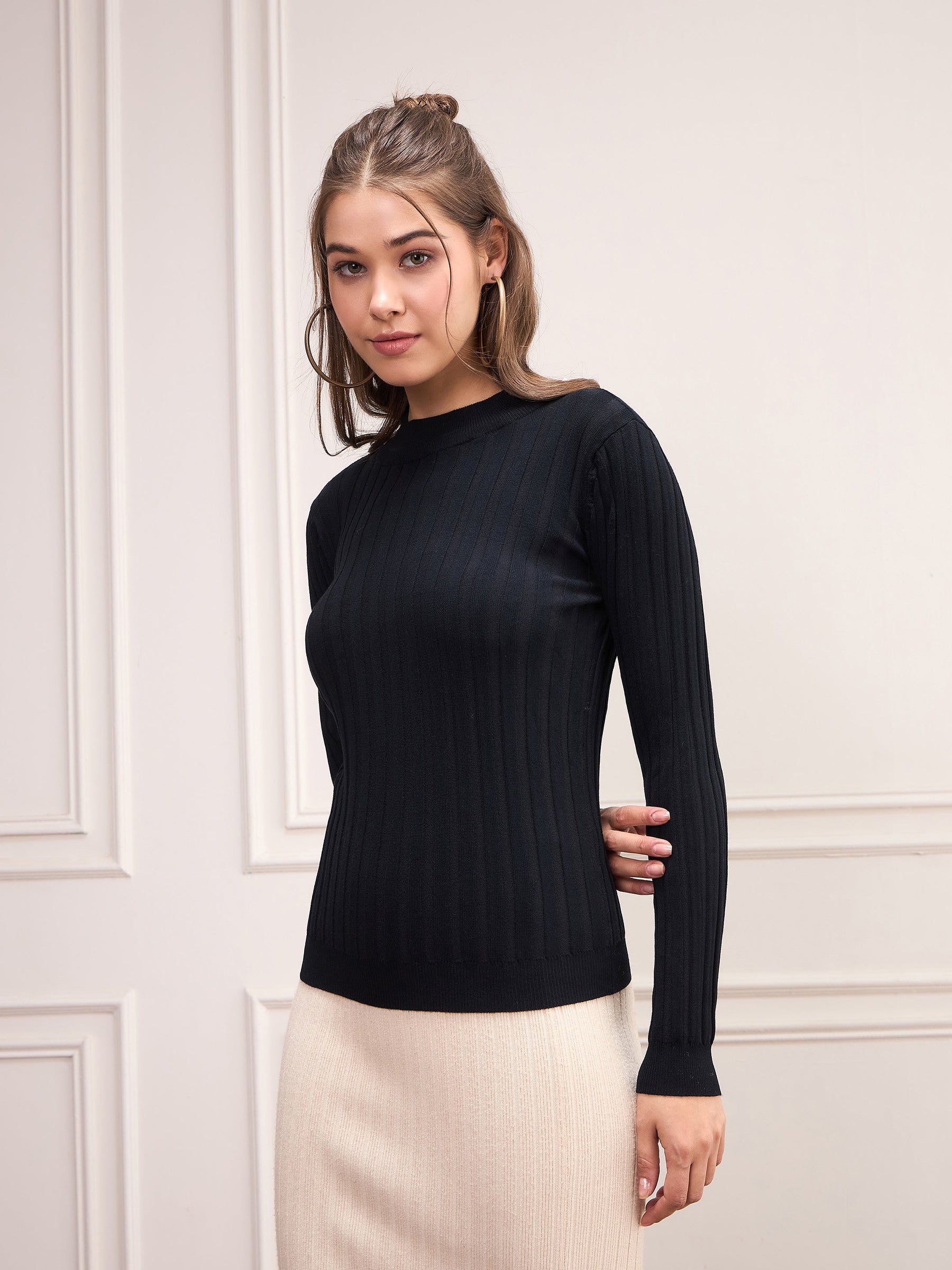 Black Rib Full Sleeves High Neck Sweater-SASSAFRAS