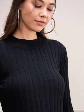 Black Rib Full Sleeves High Neck Sweater-SASSAFRAS