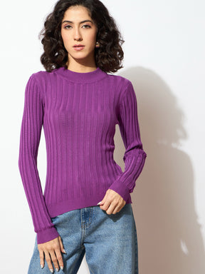 Purple Rib Full Sleeves High Neck Sweater-SASSAFRAS