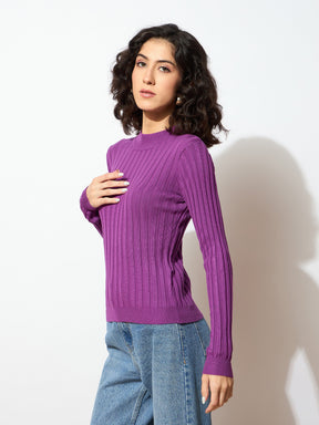 Purple Rib Full Sleeves High Neck Sweater-SASSAFRAS