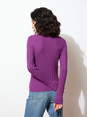 Purple Rib Full Sleeves High Neck Sweater-SASSAFRAS