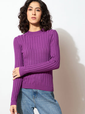 Purple Rib Full Sleeves High Neck Sweater-SASSAFRAS