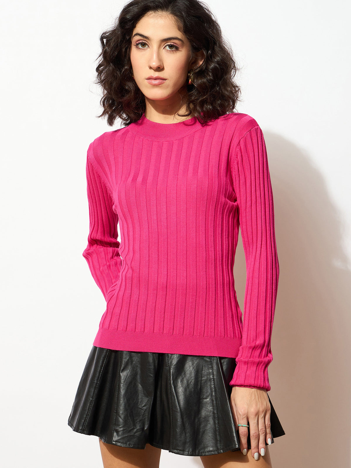 Pink Rib Full Sleeves High Neck Sweater-SASSAFRAS