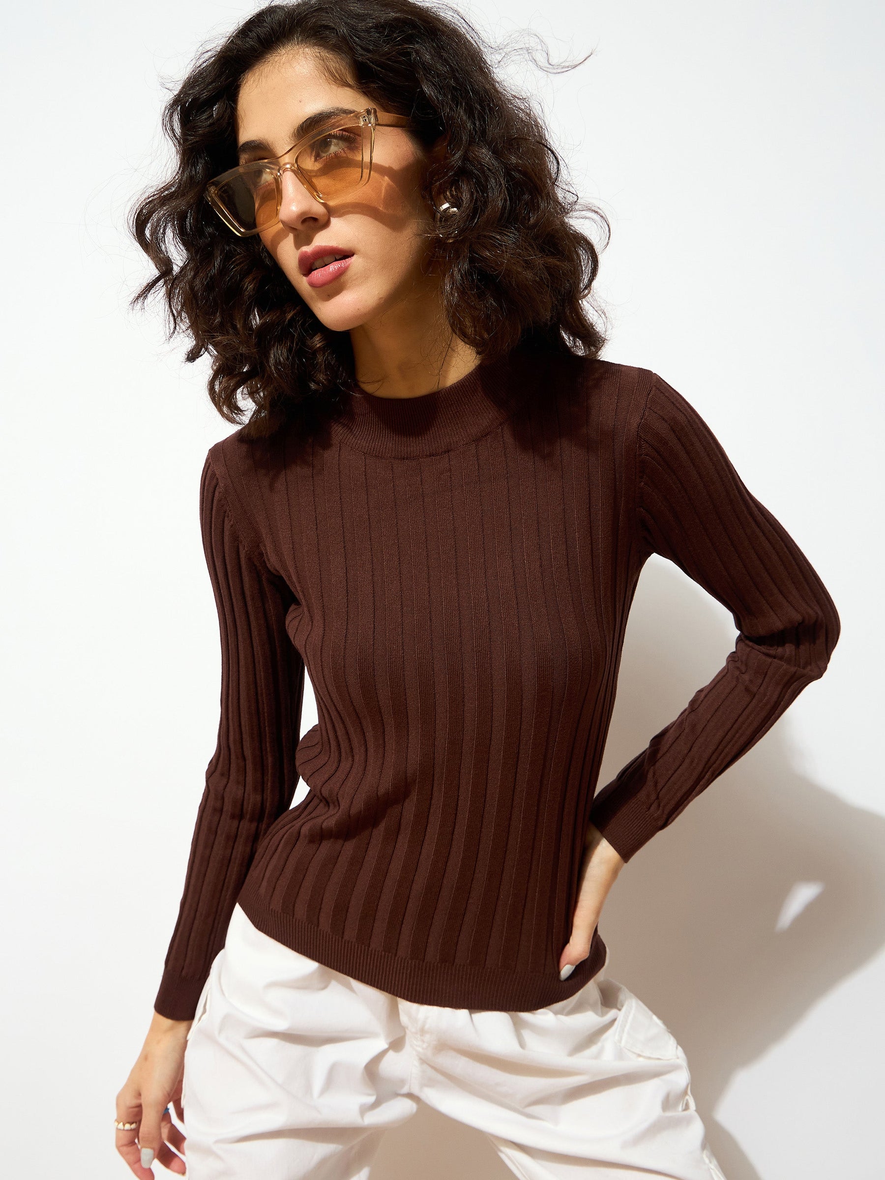 Brown Rib Full Sleeves High Neck Sweater-SASSAFRAS