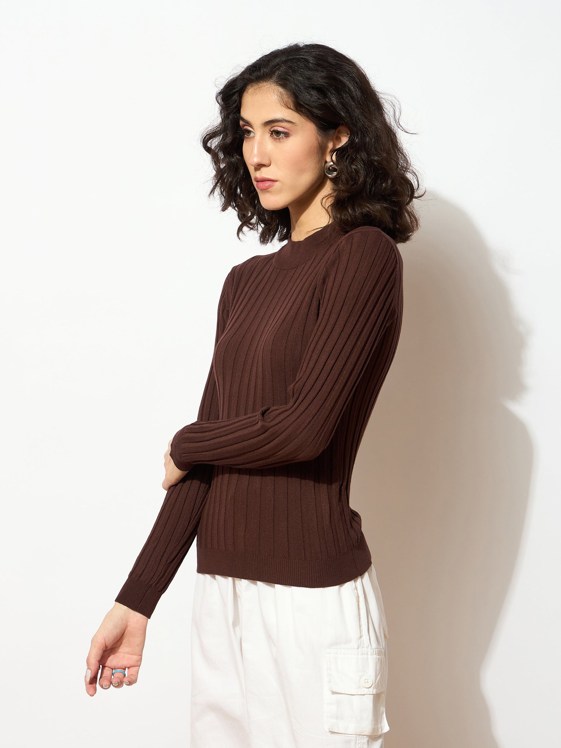 Brown Rib Full Sleeves High Neck Sweater-SASSAFRAS