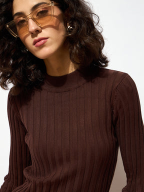 Brown Rib Full Sleeves High Neck Sweater-SASSAFRAS