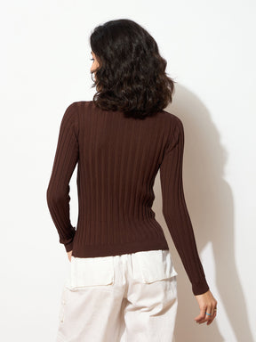 Brown Rib Full Sleeves High Neck Sweater-SASSAFRAS