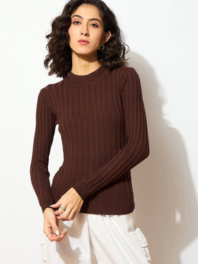 Brown Rib Full Sleeves High Neck Sweater-SASSAFRAS