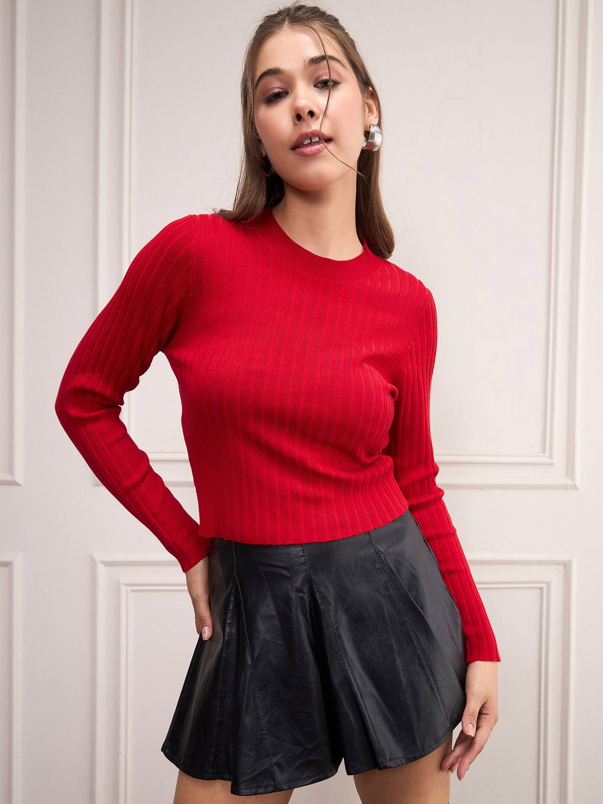 Red Rib Full Sleeves High Neck Sweater-SASSAFRAS